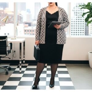 Versatile Plus Size Gray Button Down Long Sleeve Cardigan Black Polka Dots Sz 2X